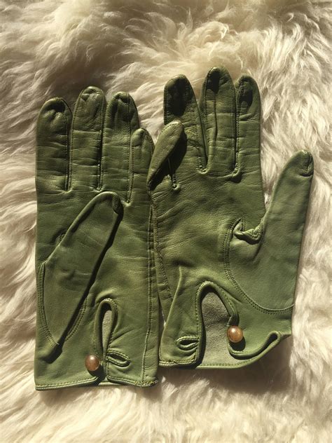 Vintage Light Olive Green Vintage Leather Costume Gloves By