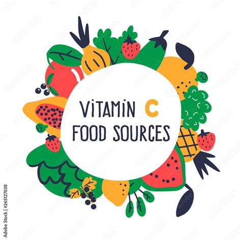 Vitamin C Food Sources Collection Vector Cartoon Illustration