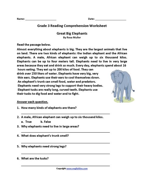 Reading Worksheets For 3rd Graders Printable