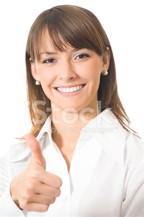 Happy Businesswoman With Thumbs Up Gesture Isolated On White Stock