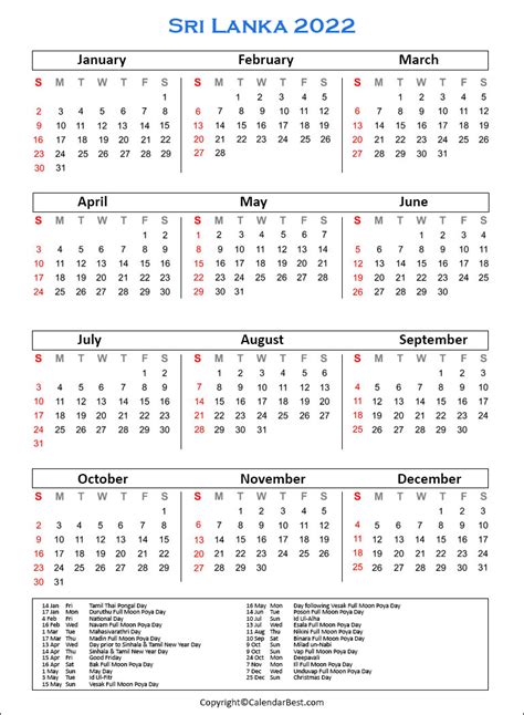 Free Printable Sri Lanka Calendar 2022 With Holidays