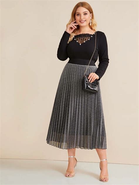 Shein Plus Contrast Wide Waistband Glitter Pleated Skirt Pleated