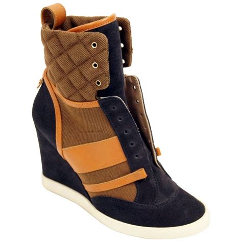 Chloé Blue And Brown Suede Leather And Canvas Wedge Sneakers For Sale