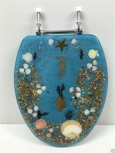Elongated Blue Seashell And Seahorse Resin Toilet Seat Chrome Hinges