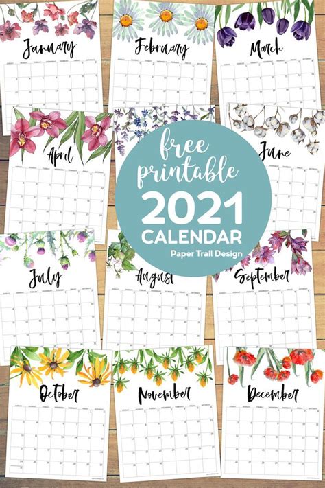 Free Printable 2021 Floral Calendar Pages January February March