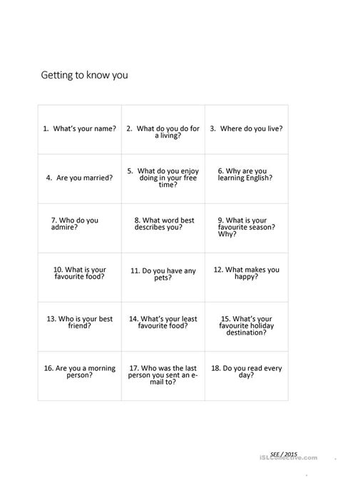 At its core the game is just asking and answering questions. Speaking questions: Getting to know you worksheet - Free ...