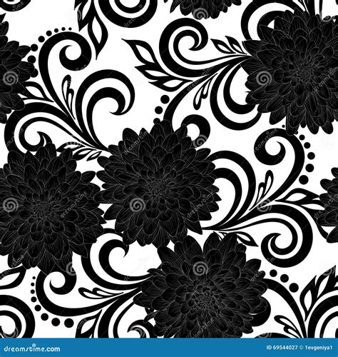 Beautiful Monochrome Black And White Seamless Pattern With Dahlia