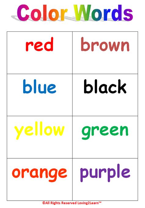 Learning New Words Colors Chart Word Cards Book And Learning Videos