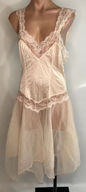 vintage 70s pandora nylon nightgown m lace negligee dress lingerie gown pink 64 99 picclick