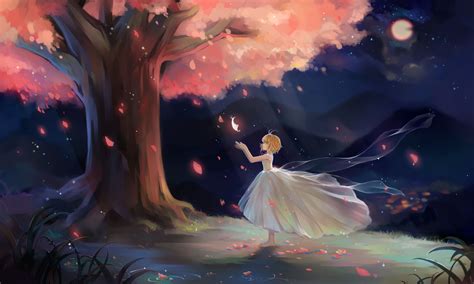 Night Anime Cherry Blossom Tree Background