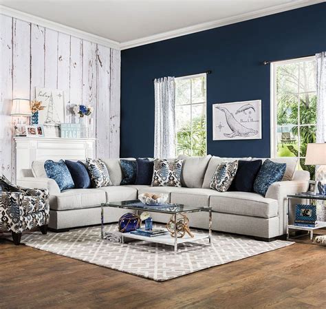 In this lower level living room filled with natural light via full height glazing, we see a lone white sectional standing against a concrete wall in soft grey. Pennington SM1111 Contemporary Light Gray Fabric Sectional Sofa Couch | Accent walls in living ...