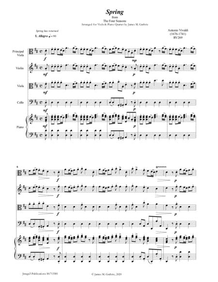 Vivaldi Spring From The Four Seasons For Viola And Piano Quartet Sheet Music Vivaldi String