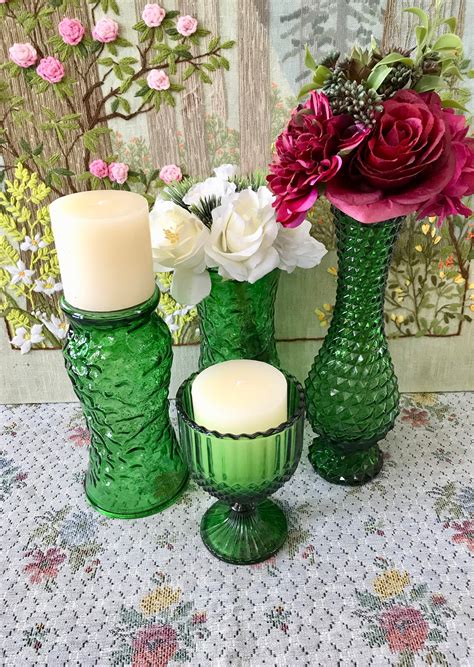 4 Green Vases For Flowers Vases For Centerpiece Vases Vintage Etsy Polska
