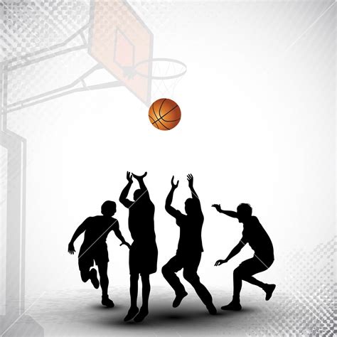 Silthouettes Of A Basketball Players Playing With Basket Ball Match On