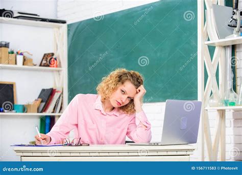 Exhausting Lesson Woman Tired In School Classroom Teacher Exhausted After Hard Working Day