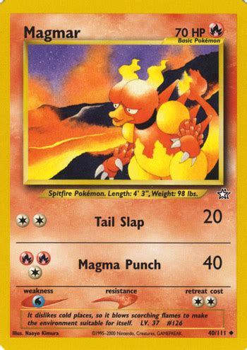 Magmar's strongest moveset is ember & fire blast and it has a max cp of 2,394. Magmar (Neo Genesis 40) - Bulbapedia, the community-driven Pokémon encyclopedia