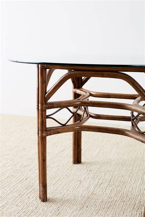 Genuine mcguire rattan bamboo with marble top drum side table accent end table. Brown Jordan Bamboo Rattan Glass Dining Table For Sale at 1stdibs