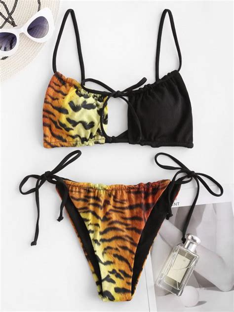 Off Zaful Ribbed Tiger Print Drawstring Cutout String Bikini