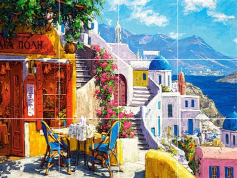 Romantic Aegean Sea Greece Outdoor Restaurant Cafe Ceramic Tile Mural