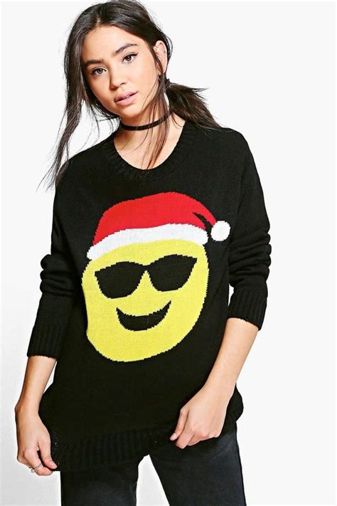 Boohoo Katie Sunglasses Emoji Christmas Jumper Knitwear Women Emoji