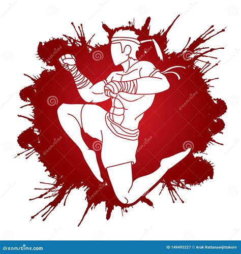 Muay Thai Action Thai Boxing Jumping To Attack Cartoon Graphic