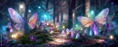 colorful fantasy forest foliage at night glowing flowers and beautifuly butterflies as magical