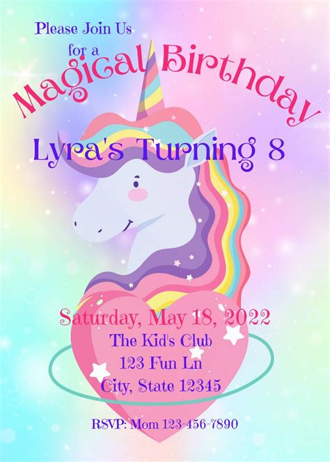 Editable Unicorn Birthday Invitation Magical Birthday Etsy