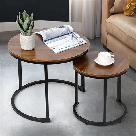 Amzdeal Modern Nesting Coffee Tables Walnut Round Top Set Of 2 Brown