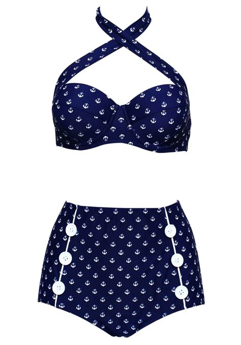 2017 Women S Halter Bikinis Vintage Swimsuit 50s Retro Push Up Dot Anchor Print High Waisted