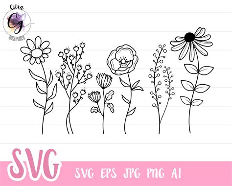 Wildflowers Svg Floral Svg Wild Flower Svg Flower Sketch Etsy