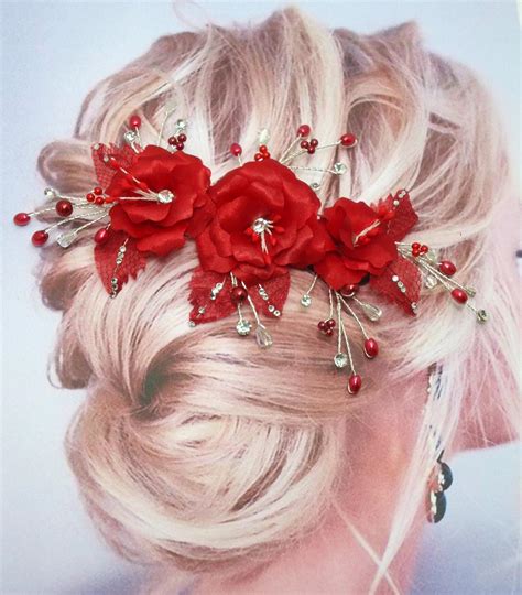 Red Rose Hair Pins Set Of 3 Bridal Hair Flowers J411 Etsy