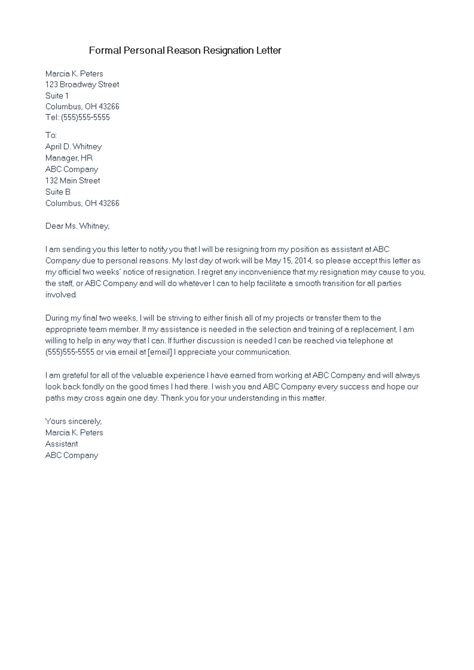 Formal Personal Reason Resignation Letter | Templates at ...