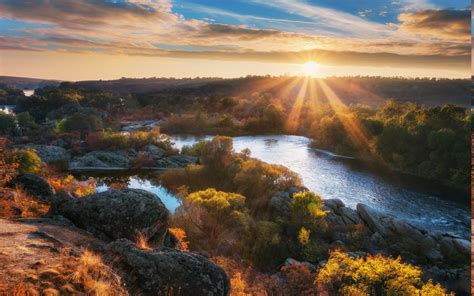 Nature Landscape Sun Rays Fall River Sunrise Hill