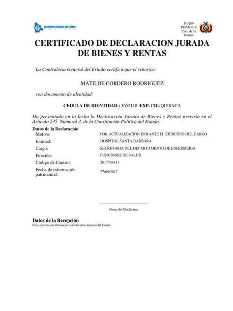 Certificado Único De Declaración Jurada De Bienes Y Rentas
