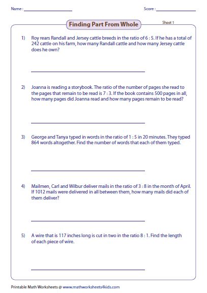 Part To Part Ratio Word Problems Worksheets