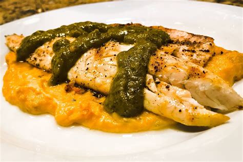 Chilean Sea Bass With Roasted Yellow Pepper Grits And Roasted Poblano