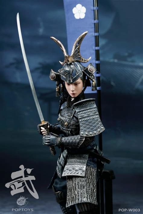 female samurai in aged black armor the butterfly helmets sixth scale collector figure