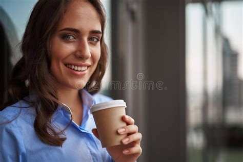 Female Worker Drinking Coffee On Office Balcony Stock Photo Image Of