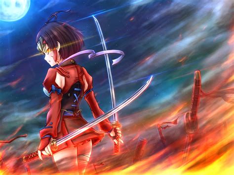 Hintergrundbilder Illustration Nacht Anime Mädchen Kurzes Haar Waffe Mond Feuer Katana