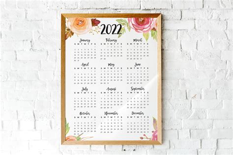 2022 Year At A Glance Calendar Watercolor Roses Year At A Glance