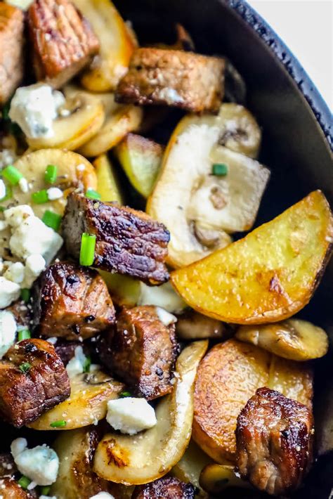 The spicy pepper crust is perfect with this meaty fish. Blue Cheese Steak Bites and Potatoes Skillet Dinner Recipe - Sweet Cs Designs
