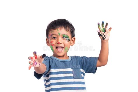 Child Asian Little Boy Playing Water Color And Paint On Fac Stock Image