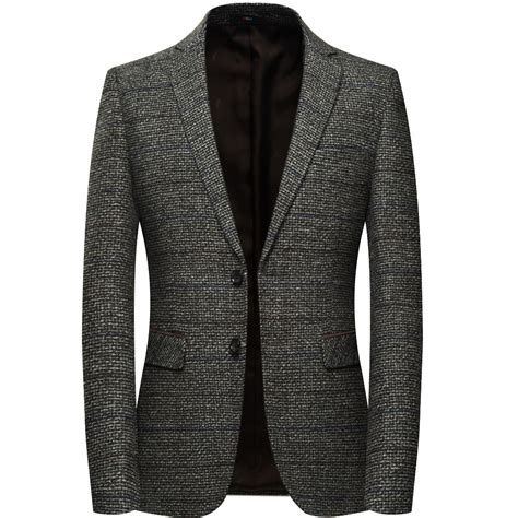 Men Wool Blazer Jacket With Elbow Patch Plaid Tweed Suit Jackets Slim