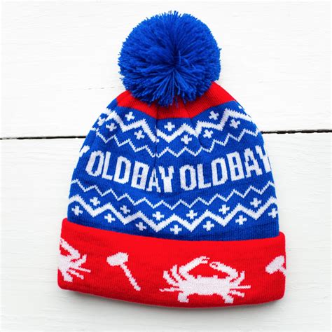Old Bay Crab And Mallet Red W Blue Pom Knit Beanie Cap Route One