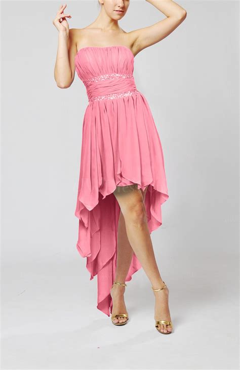 Pink Cute Strapless Sleeveless Zip Up Chiffon Paillette Party Dresses