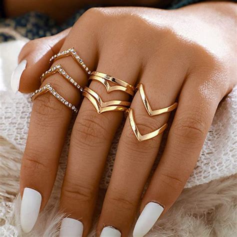 Evazen Boho Crystal Midi Finger Rings Set Gold Geometric