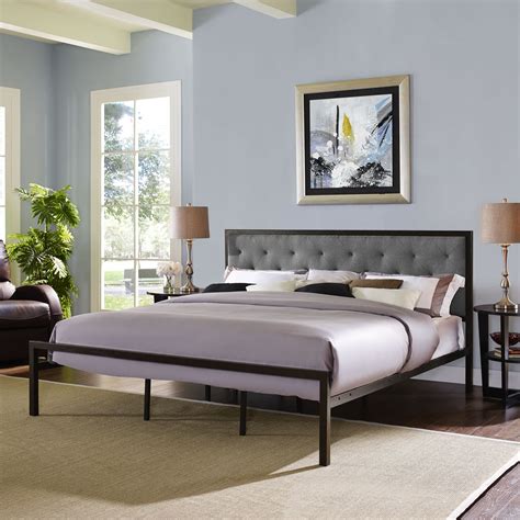 Tufted Upholstered Fabric King Size Platform Bed Frame With Slats In