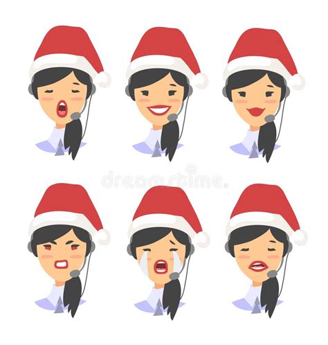 Set Of Female Emoji Customer Support Phone Operator In Christmas Hat