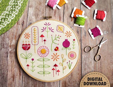 Beginner Embroidery Sampler Retro Modern Flower Embroidery Design