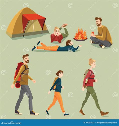 People Camping In Cartoon Style Stock Vector Illustration Of Outdoor